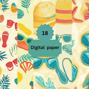 Retro Beach Digital Paper Pack, Sunglasses, Hats, Flip-Flops & Summer Elements, Vintage Vacation Patterns, 18 Fun Sheets