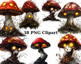 38 Scary Glowing Mushrooms Clipart, Halloween Clipart, PNG individual images on transparent background, sublimation
