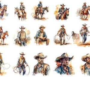 Aquarell Cowboys Clipart, 27 PNG Bilder, Clipart, transparenter Hintergrund, hohe Qualität, 12x12, kommerzielle Nutzung