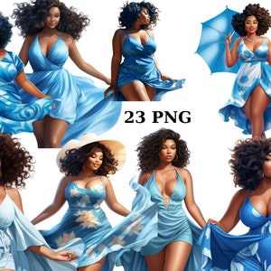 23 bochtige zwarte vrouwen in blauwe clipart, vrouwen van kleur, mode clipart, Summer Vibes, individuele PNG-afbeeldingen op transparante achtergrond