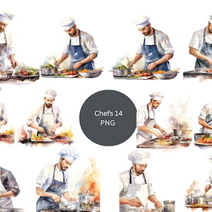 14 Chefs Watercolor Clipart, Cooking Clipart, PNG individual images on transparent background, sublimation