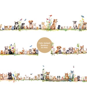 35 Süße Tiere Border Aquarell Clipart, Border Clipart, PNG Einzelbilder auf transparentem Hintergrund, Sublimation