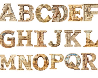 May include: An alphabet in a stone-like font with an Egyptian theme. The letters are made up of images of pyramids, hieroglyphics, and other Egyptian motifs.