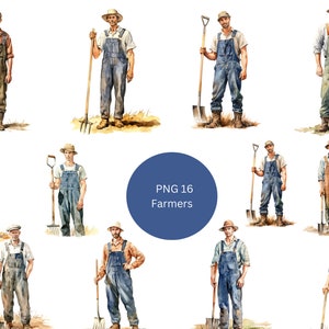16 imágenes prediseñadas de acuarela de agricultores, imágenes prediseñadas agrícolas, imágenes individuales PNG sobre fondo transparente, sublimación