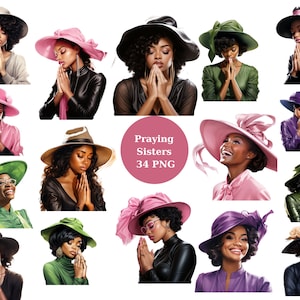 Aquarelle 34 sœurs en prière Clipart, femmes de couleur, clipart chapeau d'église, femmes noires, images individuelles PNG sur fond transparent,
