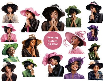May include: A digital illustration of 14 women wearing hats and praying. The women are all different races and have different hairstyles. The hats are all different colors and styles. The text "Praying Sisters 34 PNG" is in the center of the image.