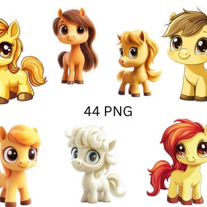 Niedliche Pony Clipart Sammlung - 44 entzückende Cartoon Ponys PNG Set - wunderliche Pferde Illustrationen, PNG Bilder auf transparentem Hintergrund