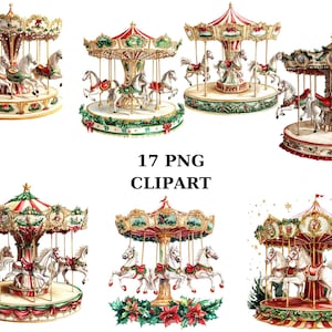 Cavalos de carrossel de Natal Clipart, 17 PNG em fundo transparente, perfeito para projetos sazonais
