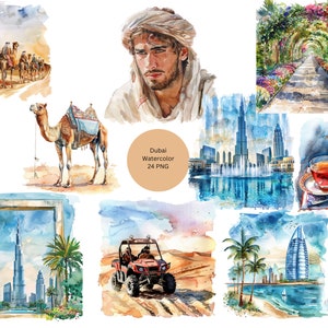 Acuarela Dubai Bundle Clipart, imágenes individuales PNG sobre fondo transparente, sublimación, uso comercial