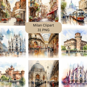 Aquarelle Milan Clipart Bundle, fichiers numériques PNG, Travel Life, fond blanc, utilisation commerciale, téléchargement immédiat