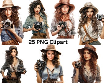 May include: Six digital illustrations of women wearing hats and holding cameras. The women are wearing a variety of outfits, including shirts, jackets, and dresses. The cameras are all different styles and colours.