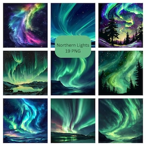 Northern Lights Clipart, PNG individual images on transparent background, sublimation, commercial use