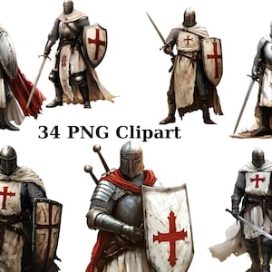 34 Tempeliers-clipart, middeleeuwse clipart, afzonderlijke png-afbeeldingen op transparante achtergrond, sublimatie