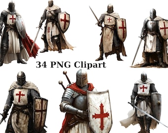 May include: Seven illustrations of medieval knights wearing armor and holding swords and shields. The knights are wearing white tunics with red crosses on their chests and shields. The knights are standing on a white background.