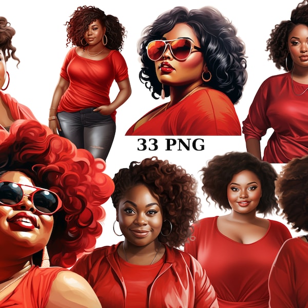 33 Black Women in Red Clipart, Fashion Clipart, Women of Color, PNG individual images on transparent background
