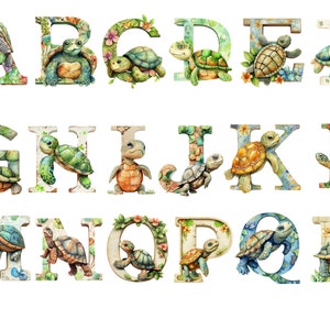 Acuarela Tortuga Alfabeto Clipart, imágenes individuales PNG sobre fondo transparente, sublimación, uso comercial