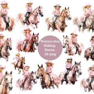 Kleines Mädchen auf Pferd Aquarell Clipart, transparentem Hintergrund, hohe Qualität, Clipart, 12x12, kommerzielle Nutzung