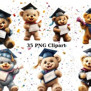 35 Ositos de peluche de graduación, acuarela, clipart, osito de peluche, imágenes PNG individuales sobre fondo transparente, sublimación