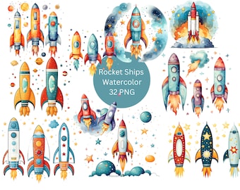 Watercolor Rocket Ships Clipart, PNG digital files on transparent background, sublimation, commercial use