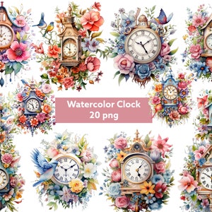 Watercolor floral clock Clipart , transparent background, high quality, clipart, 12x12, commercial use