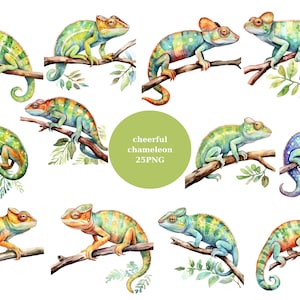 25 Cheerful Chameleons Watercolor Clipart, Lizard Clipart, Reptile Clipart, PNG individual images on transparent background, sublimation