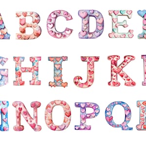 Alfabeto dei cuori Acquerello, lettere dei cuori, sfondo trasparente, alta qualità, clipart, 12x12, uso commerciale