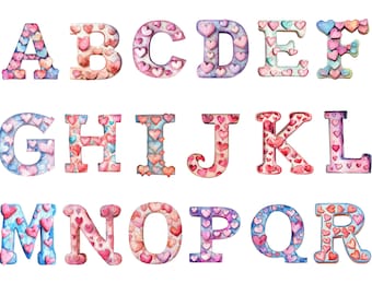 Harten alfabet aquarel, harten letters, transparante achtergrond, hoge kwaliteit, clipart, 12 x 12, commercieel gebruik