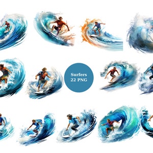 22 Surfers Watercolor Clipart, Sports Clipart, imagens individuais PNG em fundo transparente, sublimação, uso comercial