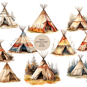 Clipart di tende indiane dei nativi americani, immagini singole PNG dell'acquerello su sfondo trasparente, sublimazione, uso commerciale