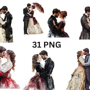 Pareja romántica victoriana PNG Clipart – 31 elegantes imágenes románticas históricas, imágenes PNG individuales sobre fondo transparente, sublimación