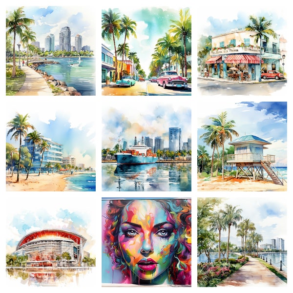 Watercolor Miami Clipart, 16 images, PNG digital files on a transparent background, scrapbook, commercial use