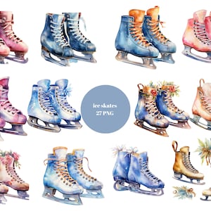 27 Schlittschuhe Aquarell Clipart, Schlittschuhe Clipart, PNG einzelne Bilder auf transparentem Hintergrund, Sublimation, kommerzielle Nutzung