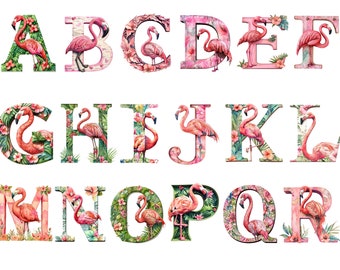 Watercolor Flamingo Alphabet Clipart, PNG individual images on transparent background, sublimation, commercial use