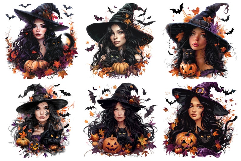 Brunette Witch With Black Cat Watercolor Clipart, Halloween Clipart ...