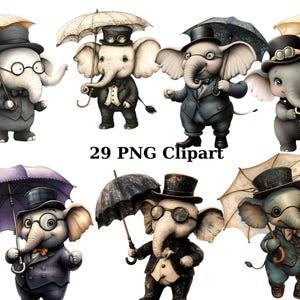 29 Gentleman Elephants aquarel clipart, dieren clipart, individuele png-afbeeldingen op transparante achtergrond, sublimatie
