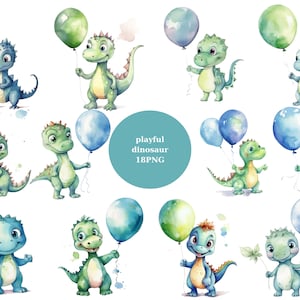18 cliparts aquarelle de dinosaures ludiques, clipart Dino, clipart enfants, images individuelles PNG sur fond transparent, sublimation
