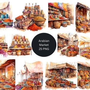 25 Arabische markten aquarel clipart, Arabia clipart, individuele PNG-afbeeldingen op transparante achtergrond, sublimatie