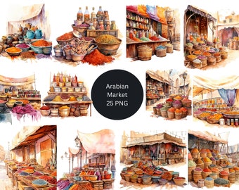 May include: A watercolor painting of an Arabian market with colorful spices and herbs in baskets and bowls. The market is bustling with activity, and the air is filled with the aroma of spices.