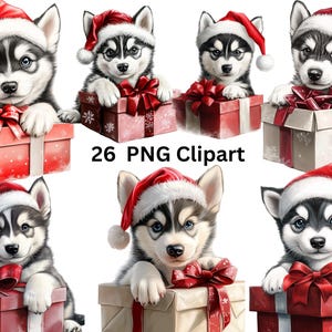 26 cliparts Santa Huskies, clipart Noël, images individuelles PNG sur fond transparent, sublimation