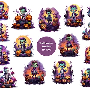 Halloween Zombie Watercolor Clipart, Halloween Clipart, PNG individual images on transparent background, sublimation