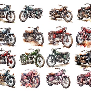 Vintage motorfietsenbundel, aquarel, 16 prachtige PNG-afbeeldingen, transparante achtergrond, clipart, 12x12, commercieel gebruik