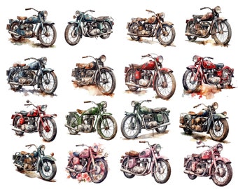Vintage Motorcycles Bundle, Watercolor, 16 beautiful PNG images, transparent background, clipart, 12x12, commercial use