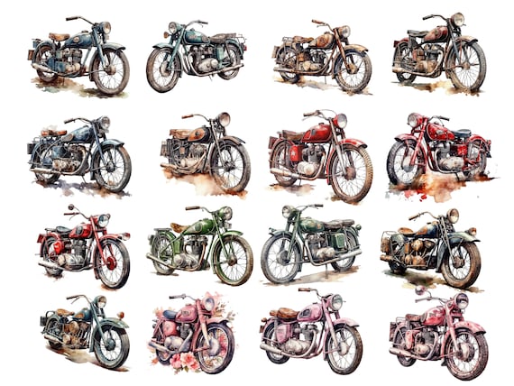 Vintage Motorcycles Bundle, Watercolor, 16 beautiful PNG images, transparent background, clipart, 12x12, commercial use