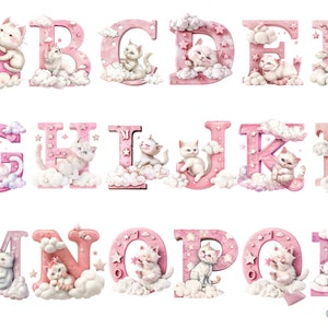 Clipart alphabet bébé chat rose, images individuelles PNG sur fond transparent, sublimation, usage commercial