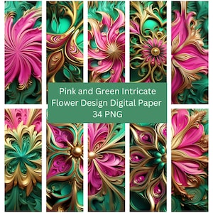 Könnte beinhalten: Ein digitales Papierpaket mit 34 komplizierten Blumenmustern. Die Designs zeigen rosa und grüne Blumen mit goldenen Akzenten. Die Blumen sind stilisiert und haben einen 3D-Effekt.