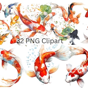 32 koivissen aquarel clipart, digitale PNG-bestanden op transparante achtergrond, sublimatie, commercieel gebruik