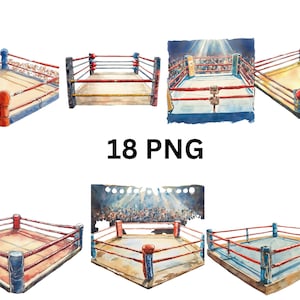 Conjunto de imágenes prediseñadas de ring de boxeo / 18 ilustraciones digitales PNG de ring de boxeo, imágenes PNG individuales sobre fondo transparente, sublimación