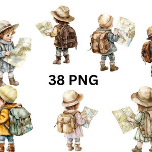 Piccoli esploratori bambini con mappe - 38 PNG Clipart, immagini PNG singole su sfondo trasparente, sublimazione