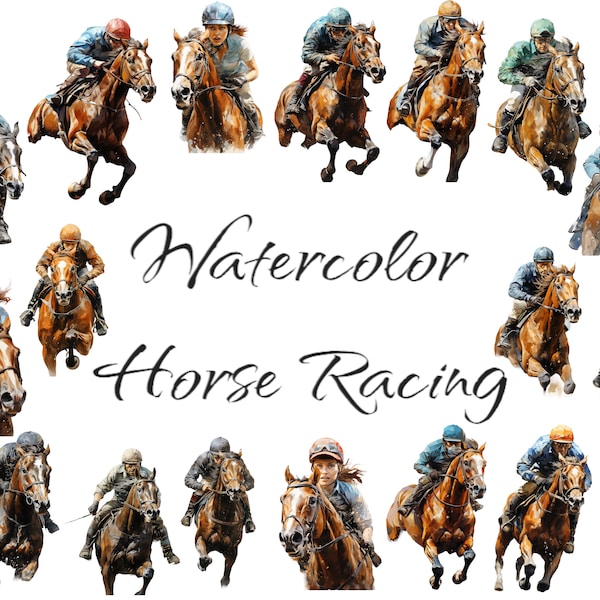 Watercolor Horse Racing Clipart, PNG digital files on a transparent background, scrapbook, invitations, commercial use, instant download