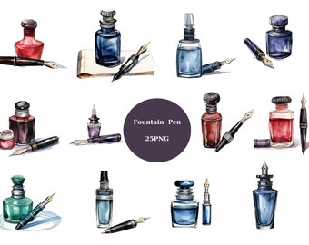 25 Fountain Pens Watercolor Clipart, Pens Clipart, PNG individual images on transparent background, sublimation